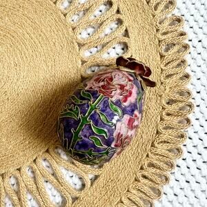 Vintage Cloisonne Enamel Floral Rose Design Egg Shelf Sitter Decor Flower Large